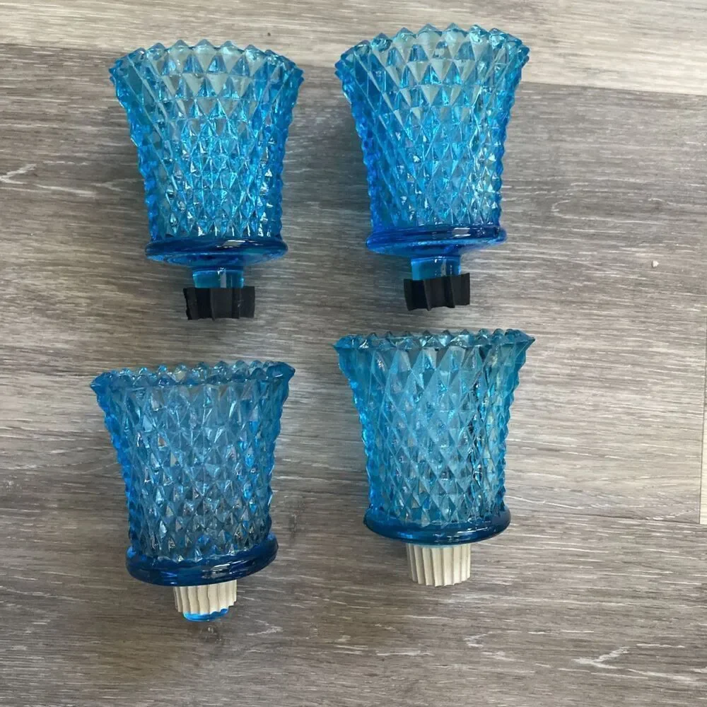 Vintage HOMCO Aqua Blue Glass Diamond Point Peg Votive Holder Set Of 4